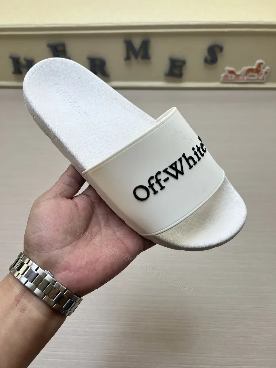 View 2 of Textured White Slip-Ons: Bold Strap Designer-Influenced Slides