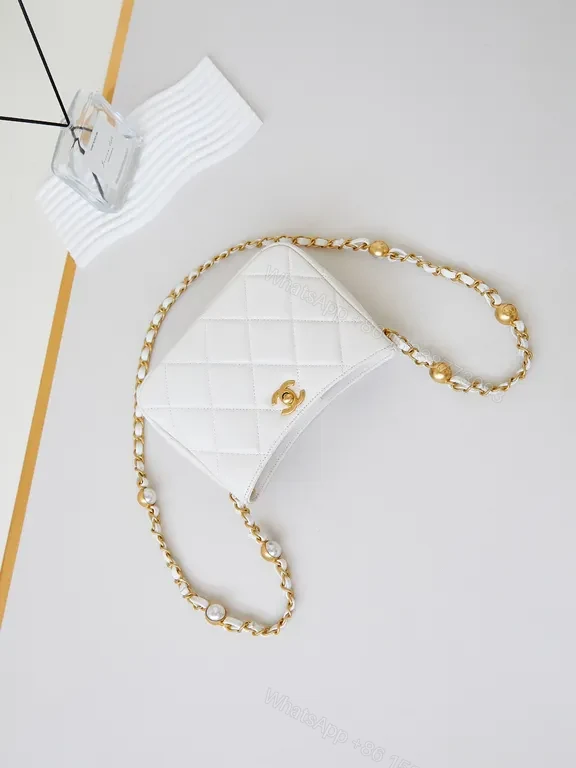 View 5 of White Quilted Mini Crossbody with Gold Chain, Luxe Calf Leather Bag
