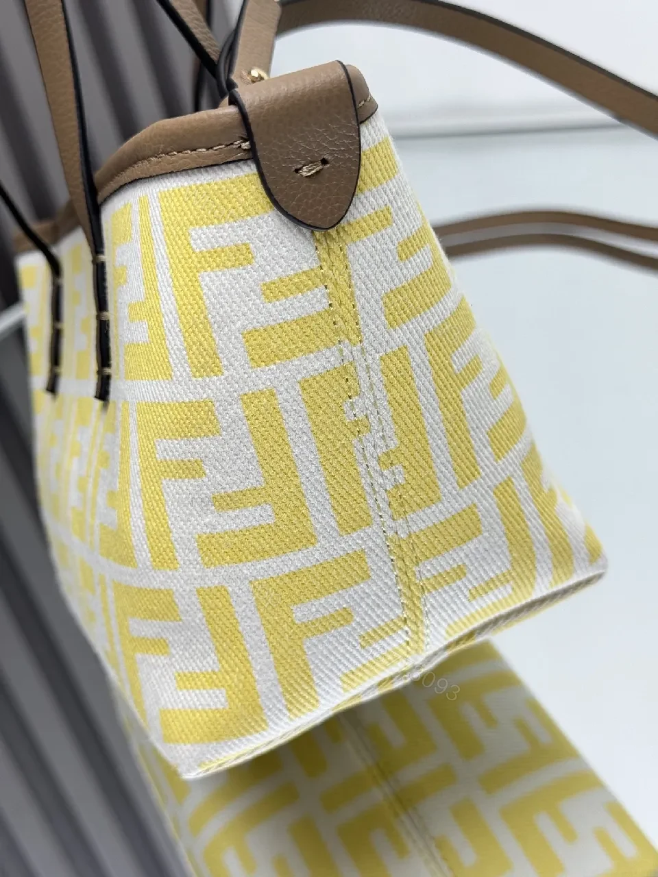 View 7 of Yellow Canvas Tote, Geometric Print, Mini, Structured, Everyday Luxury Tote