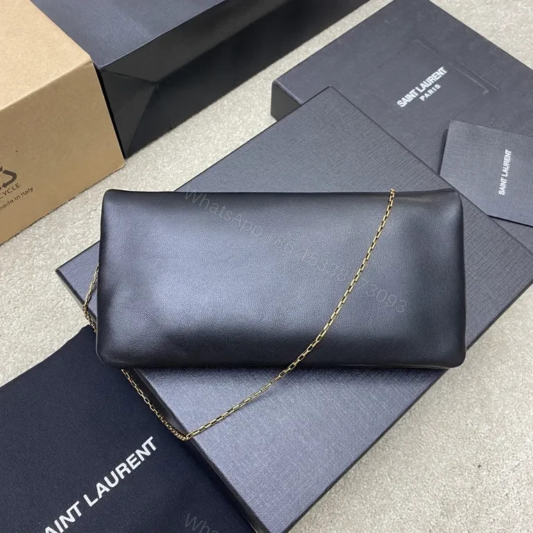 View 8 of Chic Black Calfskin Clutch â€“ Gold-YSL Emblem, Crossbody