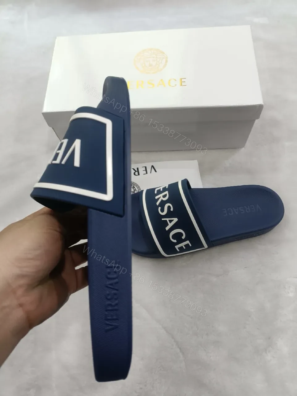 View 4 of Bold Navy Leather Slide: Luxe Logo Strap Comfort Slides