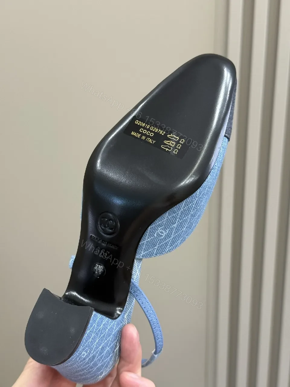 View 7 of Denim Slingback Heels: Geometric Stitching, Mid-Block Heel