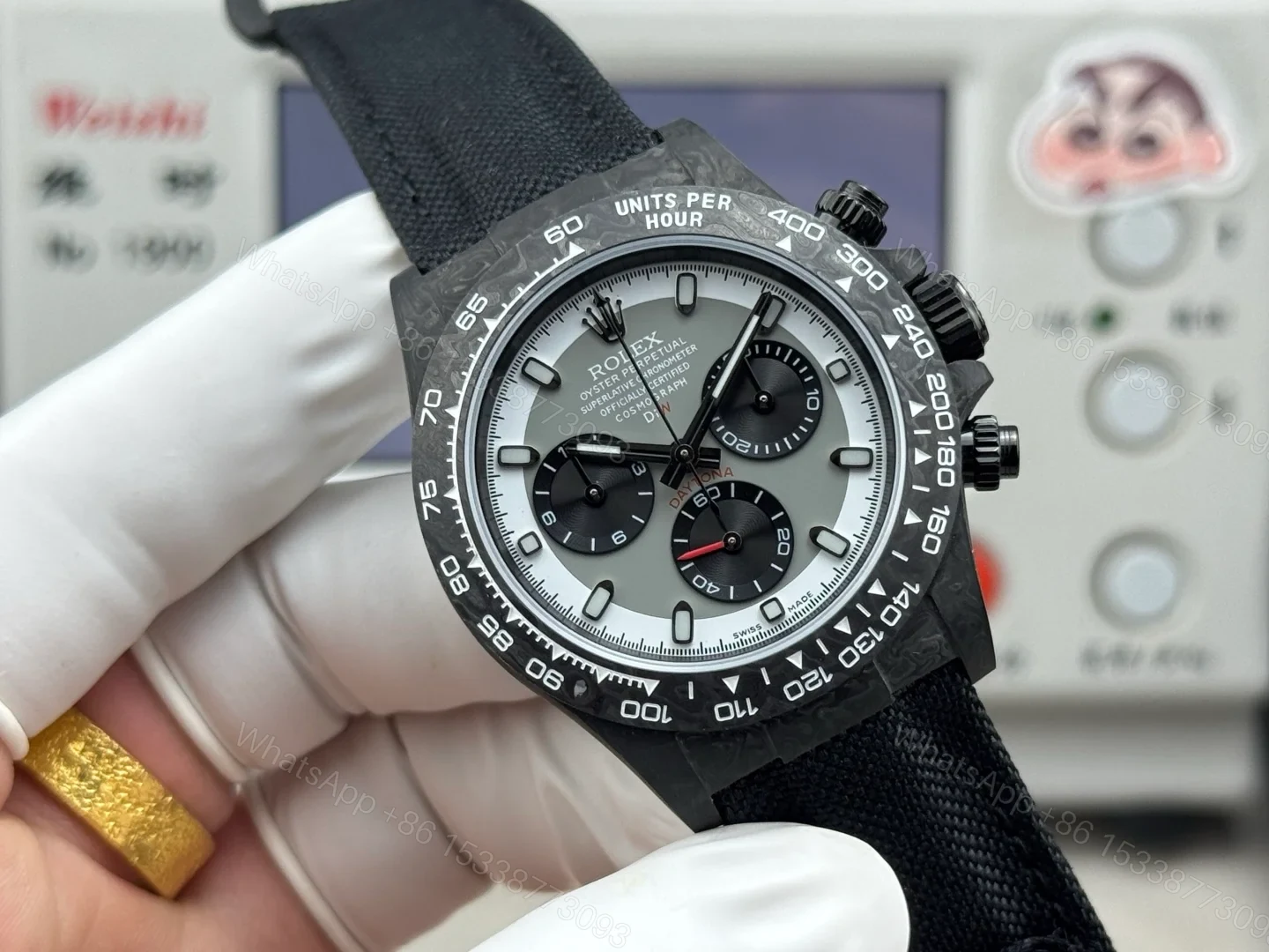 View 2 of Rolex Daytona Carbon Fiber Panda Replica 40MM Premium Black Fabric Strap R74-BLACK-WHITE