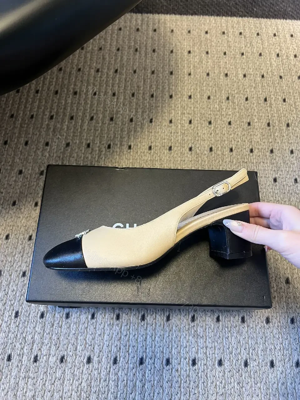 View 5 of Two-Tone Slingbacks with Logo Detail - Leather Heels