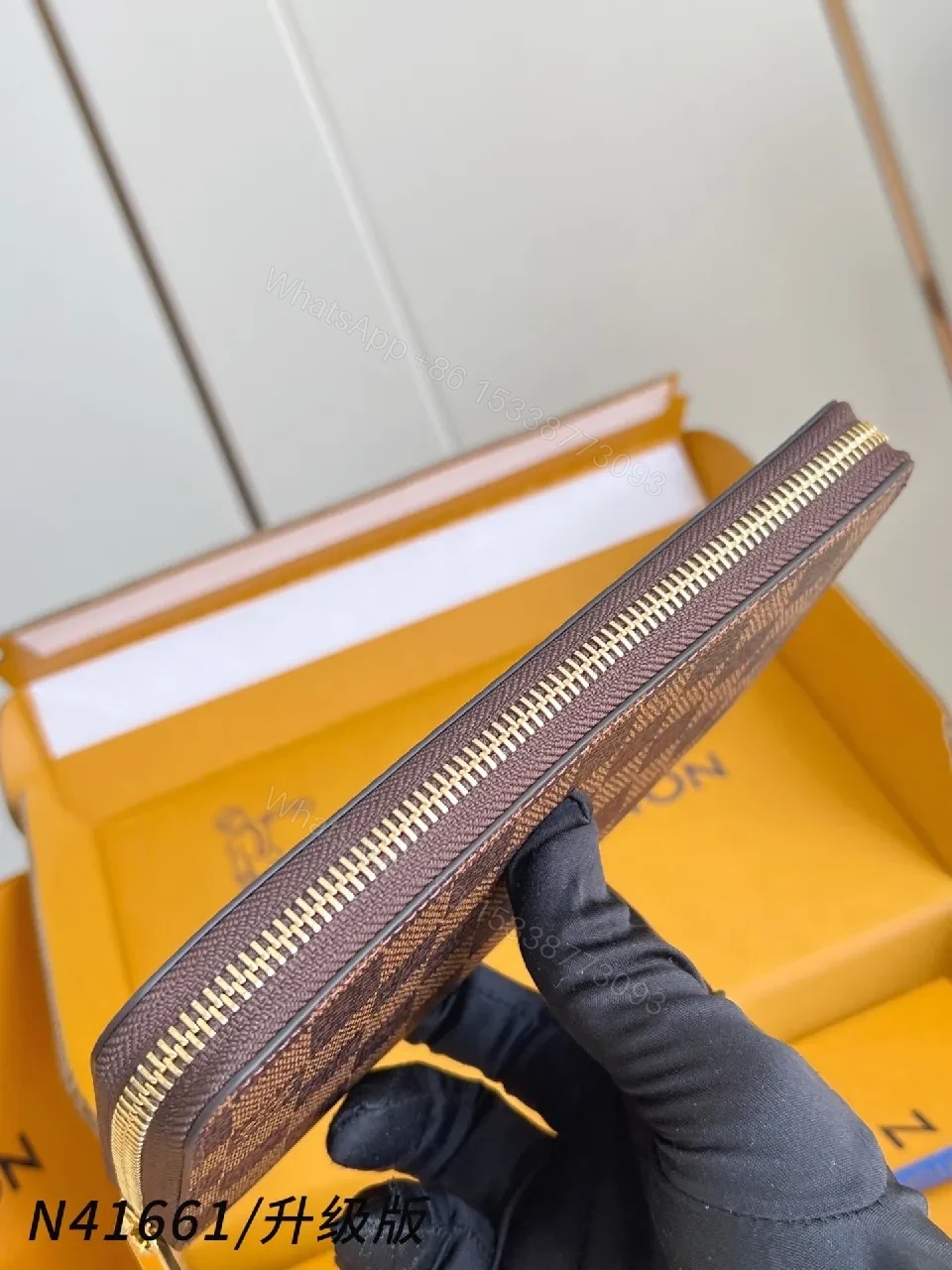 View 5 of Checkerboard Luxe Wallet — Damier Canvas, Zip Closure, Gold Accents