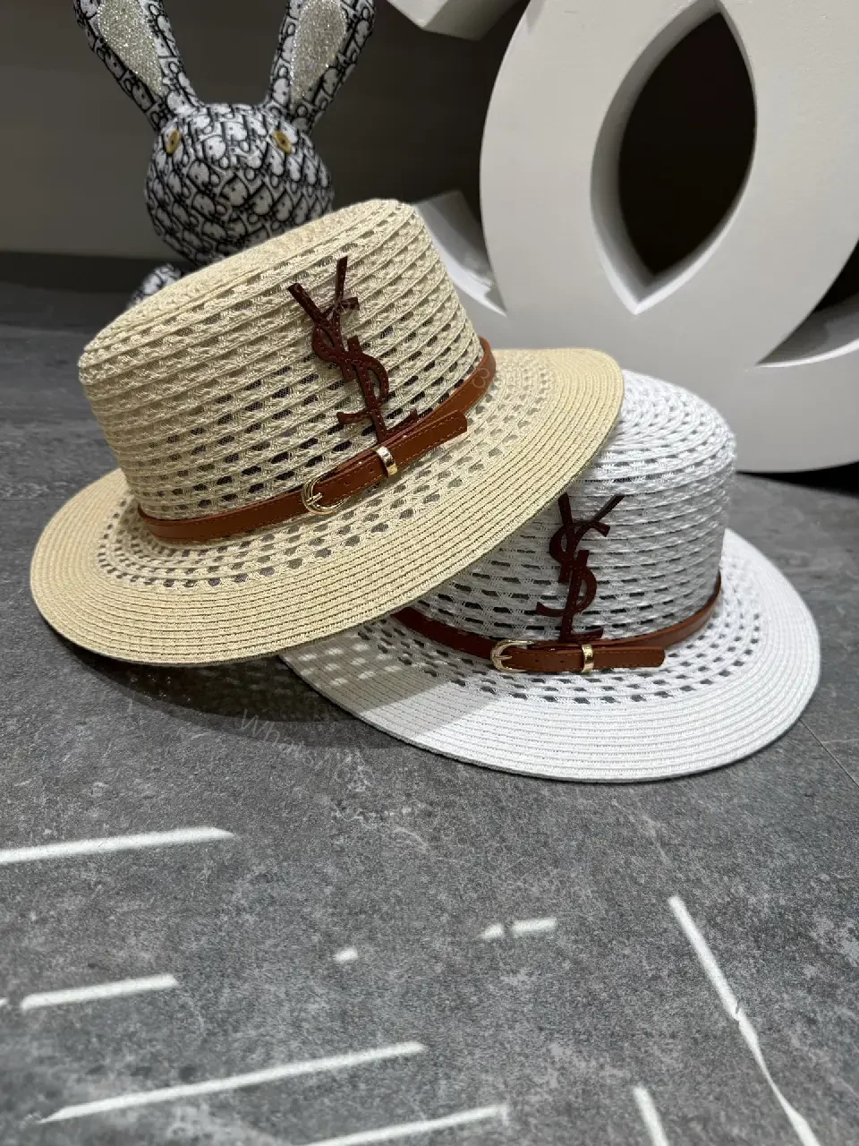 View 5 of Natural Straw Fedora Hat Leather Strap YSL Emblem