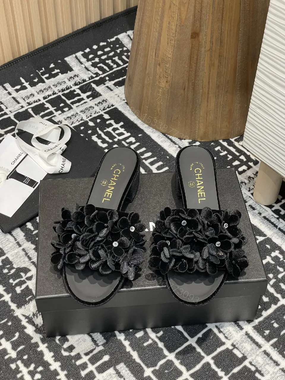 View 4 of Velvet Petal Slip-Ons: Black Crystal-Embellished Slides