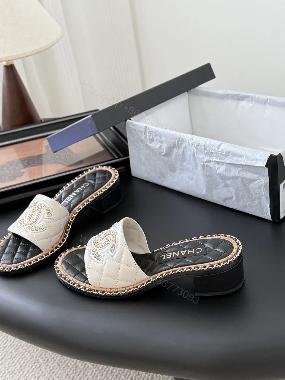 Elegant Quilted Slide Sandals with Chain Trim — view 1