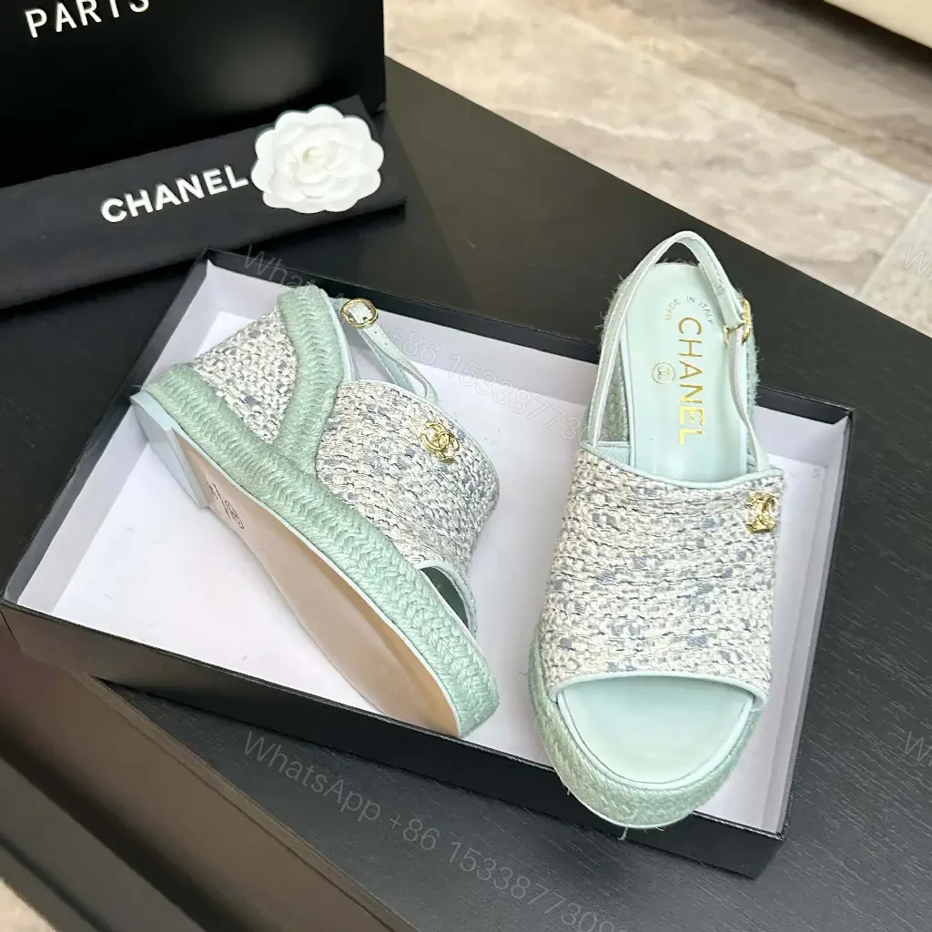 View 6 of Mint Boucle Espadrille Wedges – Platform Comfort, Logo Detail