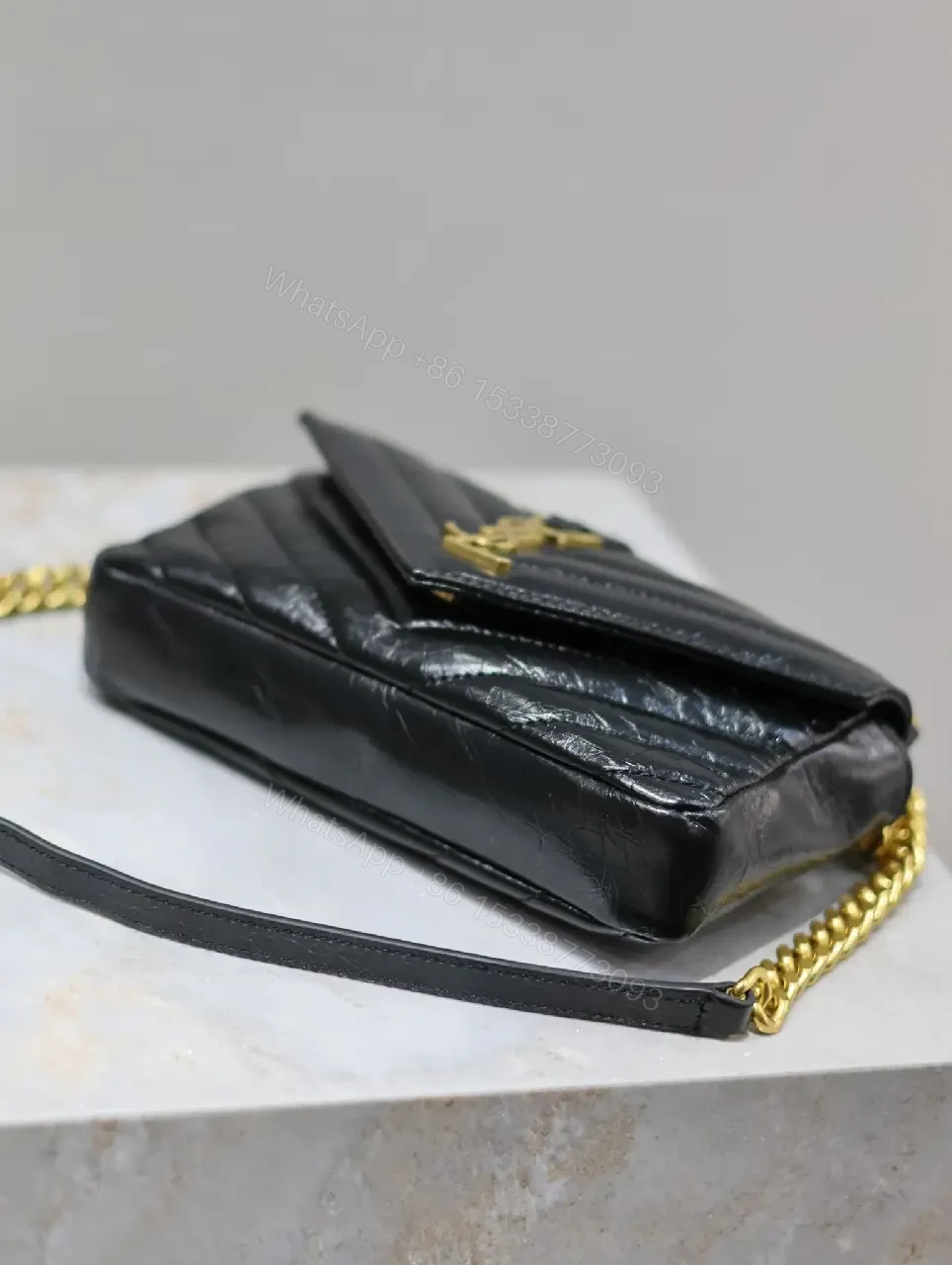 View 2 of Quilted Black Calfskin Crossbody, Luxe Chevron, Compact Carryall