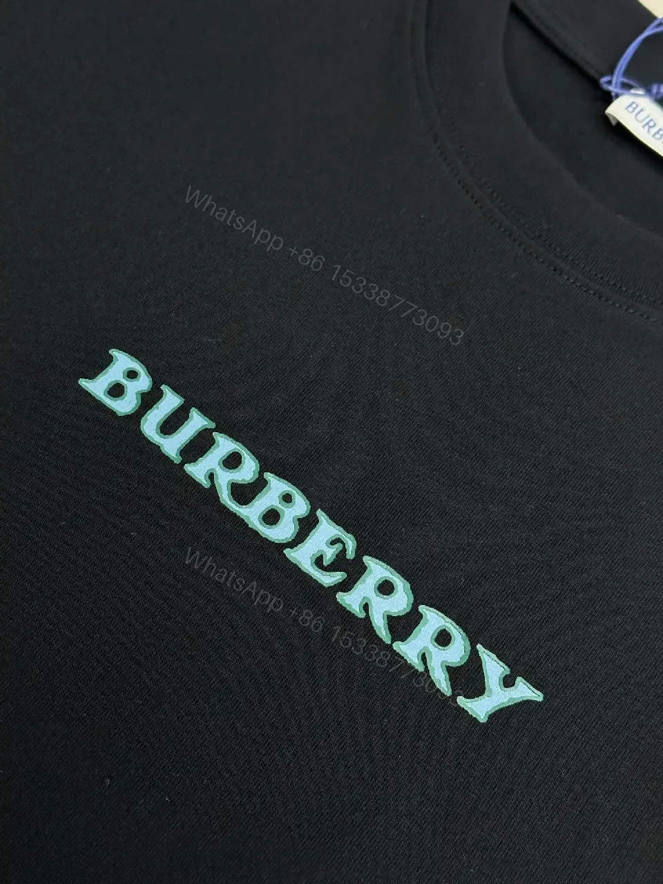 View 8 of Black Knit Oversized Tee Turquoise Burberry Text T-Shirt