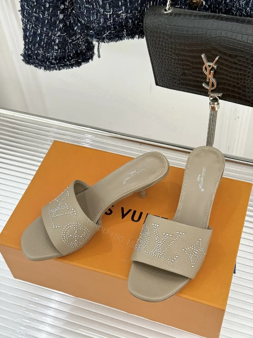 View 8 of Textured Taupe Slip-On Sandals – Lux Comfort, Subtle LV Style