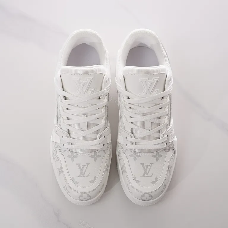 View 4 of White Leather LV-Inspired Luxury Sneakers, All-Day Comfort