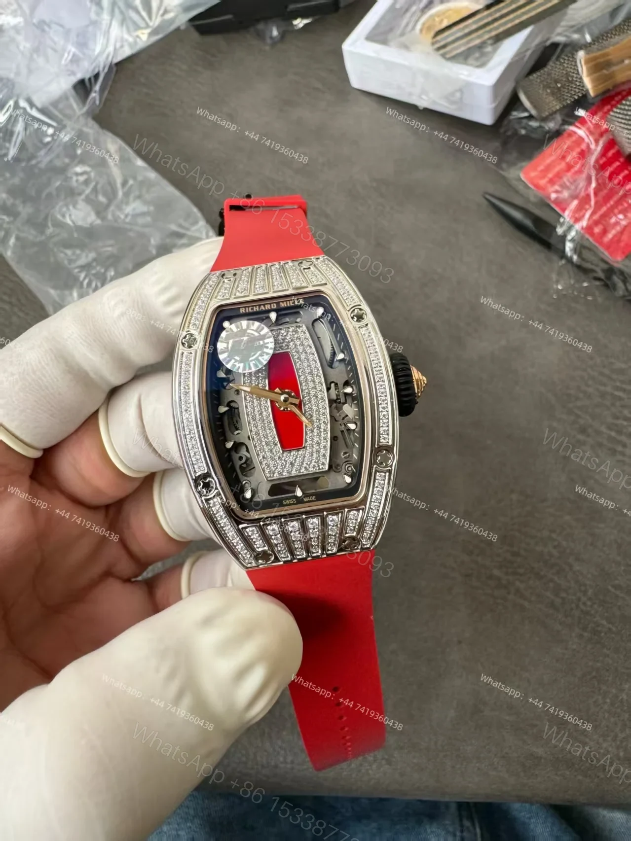View 2 of Super Clone Richard Mille RM 07 Full Diamond 1:1 Replica Watch with Red Rubber Strap