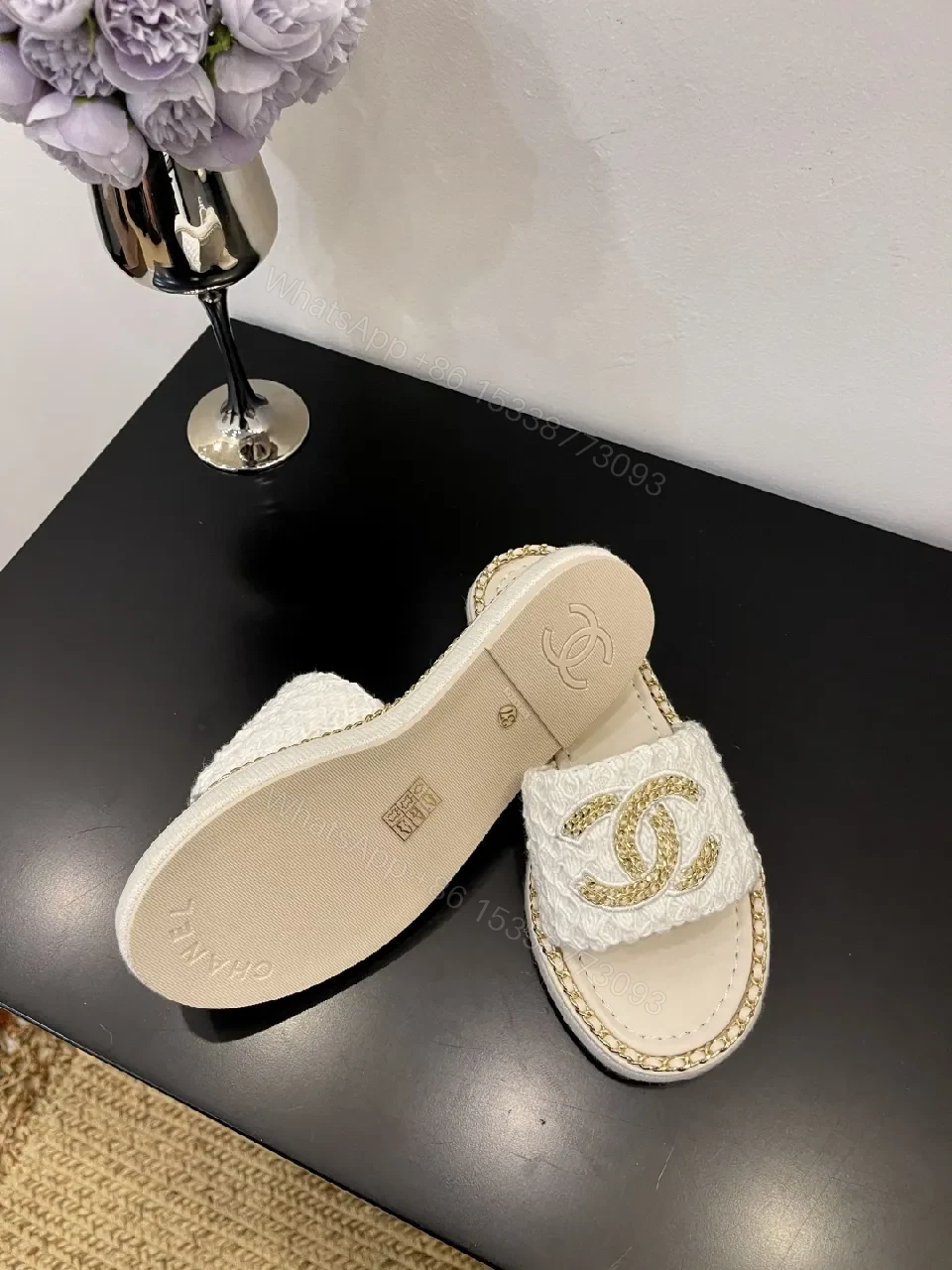View 3 of White + Leather-like + Slip-On + Gold Chain Detail + Sandals