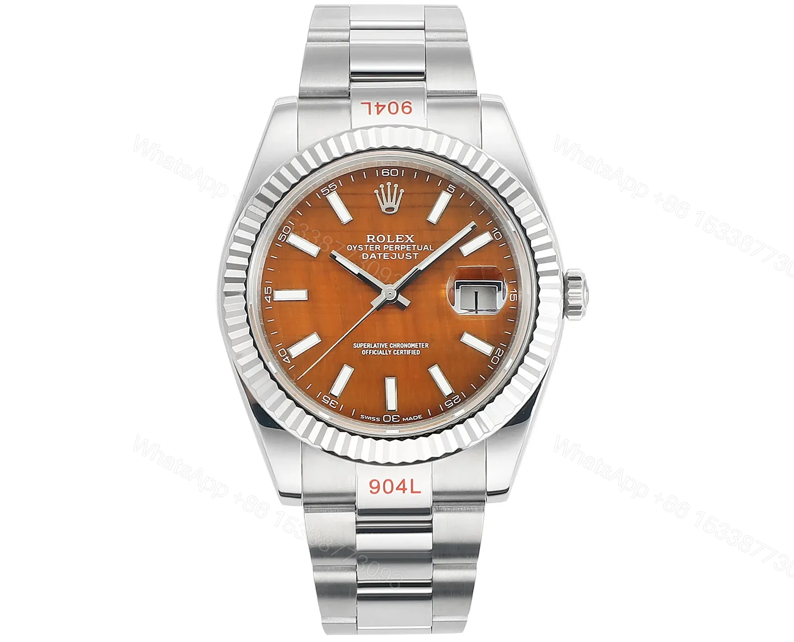 JB Factory Clean Factory – Rolex Datejust 41 Custom Tiger Eye Dial (Note: The color “Tiger Eye” is used to describe the unique orange-brown hue of the dial, which is characteristic of tiger eye stone.) — view 1