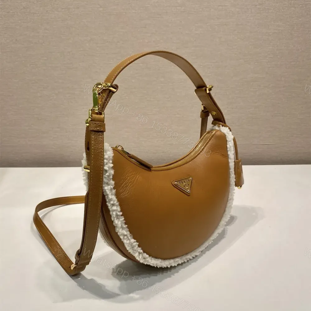 View 3 of 高仿Prada*Moon系列1BC194小羊皮羊毛半月包干邑色免檢版