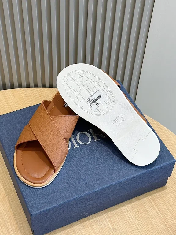 View 3 of Chic Leather Slide Sandals with Monogram Texture