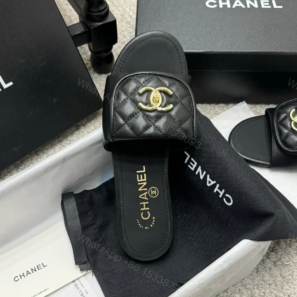 View 5 of Quilted Leather Slides with Gold Logo, Luxe Casual