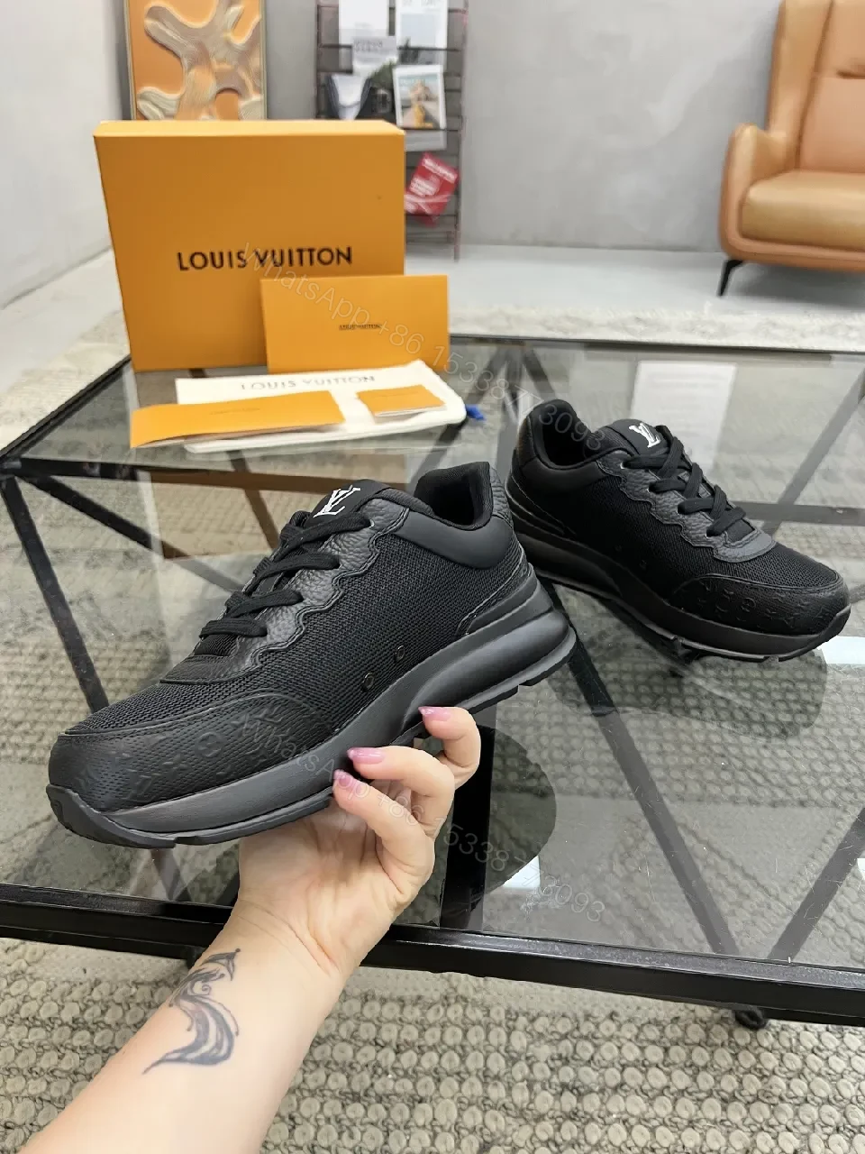 View 7 of Black Leather-Textured Runner with Signature Detailing Sneakers