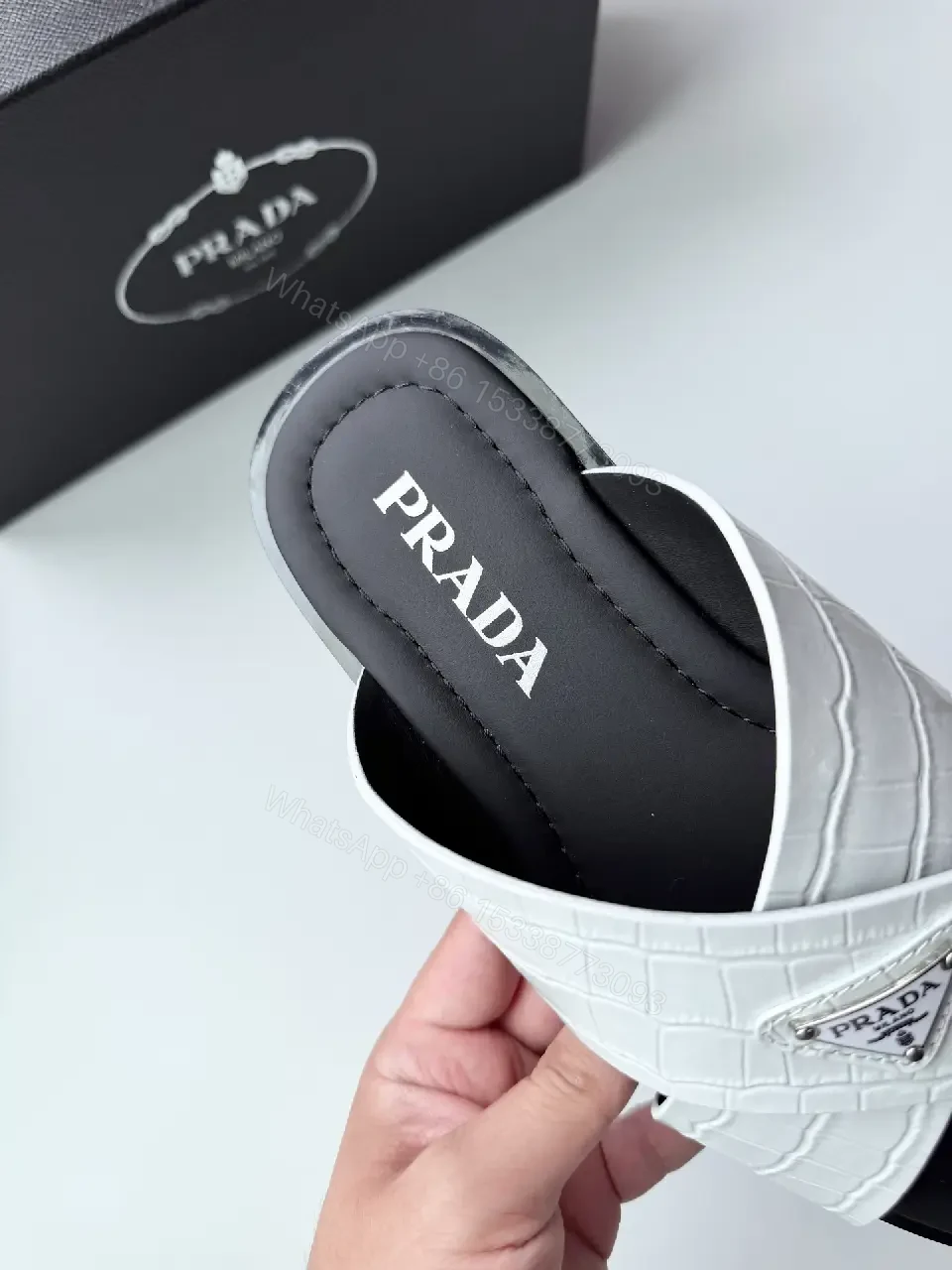 View 3 of White Crocodile-Texture Prada Slides Classic Casual Sandals