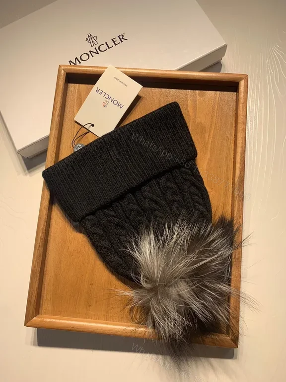 View 5 of Cozy Black Moncler Beanie: Plush Fur Pom-Pom Warm Wool-Blend Knit