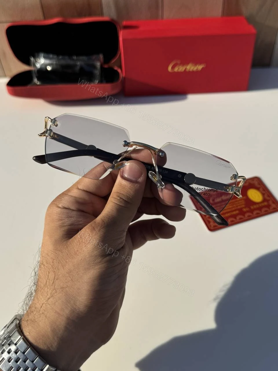 View 3 of First Copy Cartier Rimless Silver Square Sunglasses Unisex UV Protection Day Night