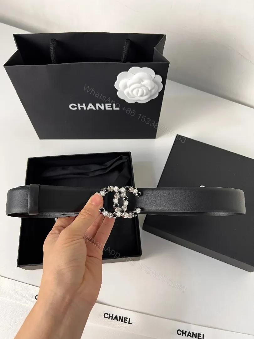View 2 of Pearl Crystal Logo Belt – Black Strap, Luxe Everyday Style
