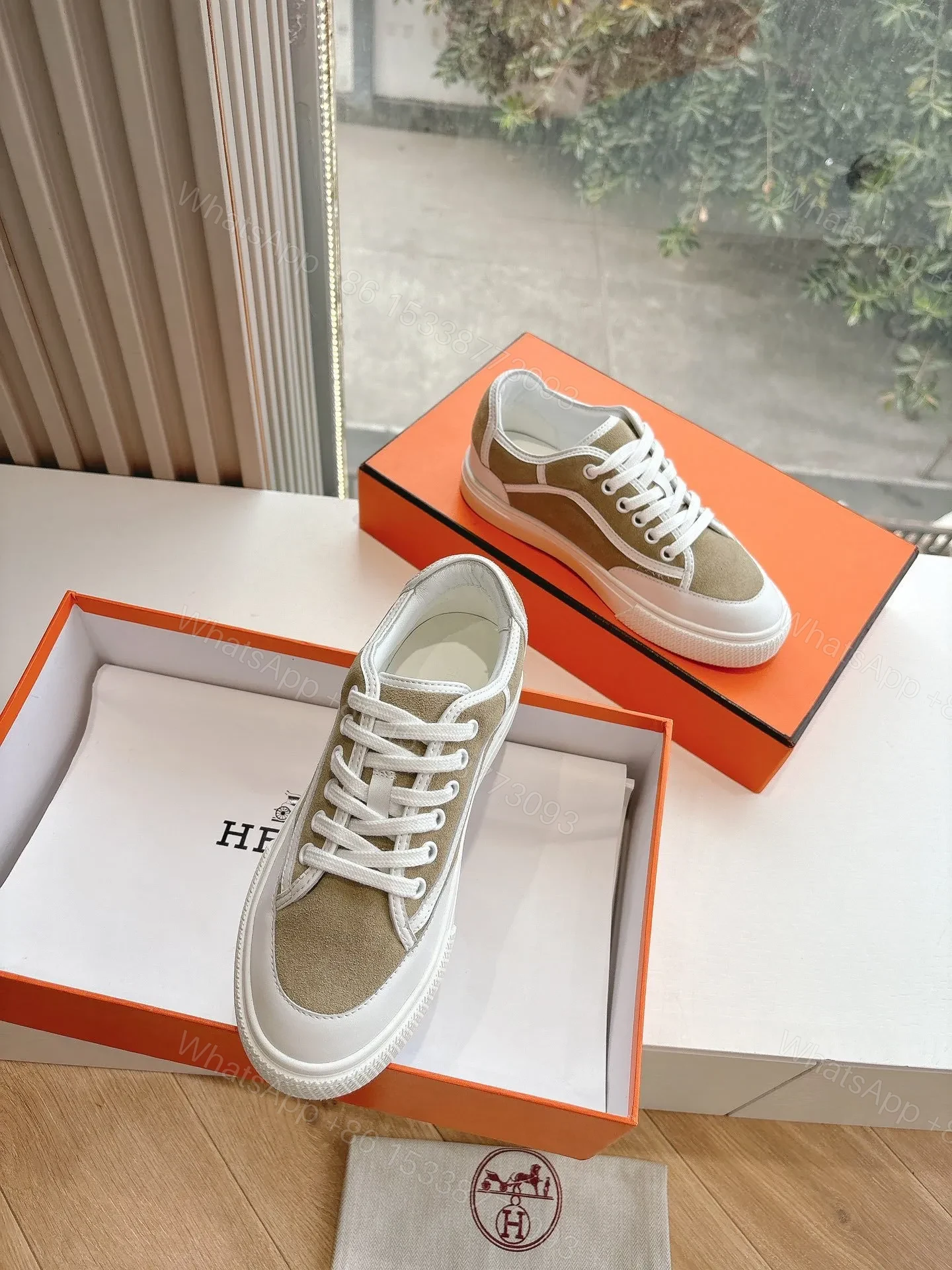 View 3 of Hermes Women Beige Suede White Leather Sneakers