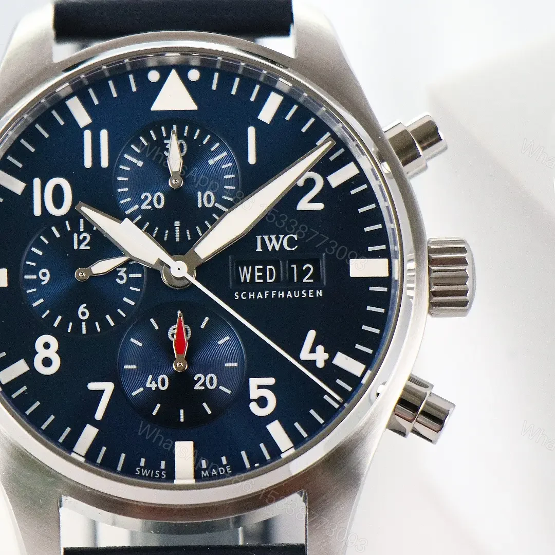 View 3 of IWC Pilot Chronograph Watch Blue Dial Black Leather Strap Ultimate 43MM IW378003
