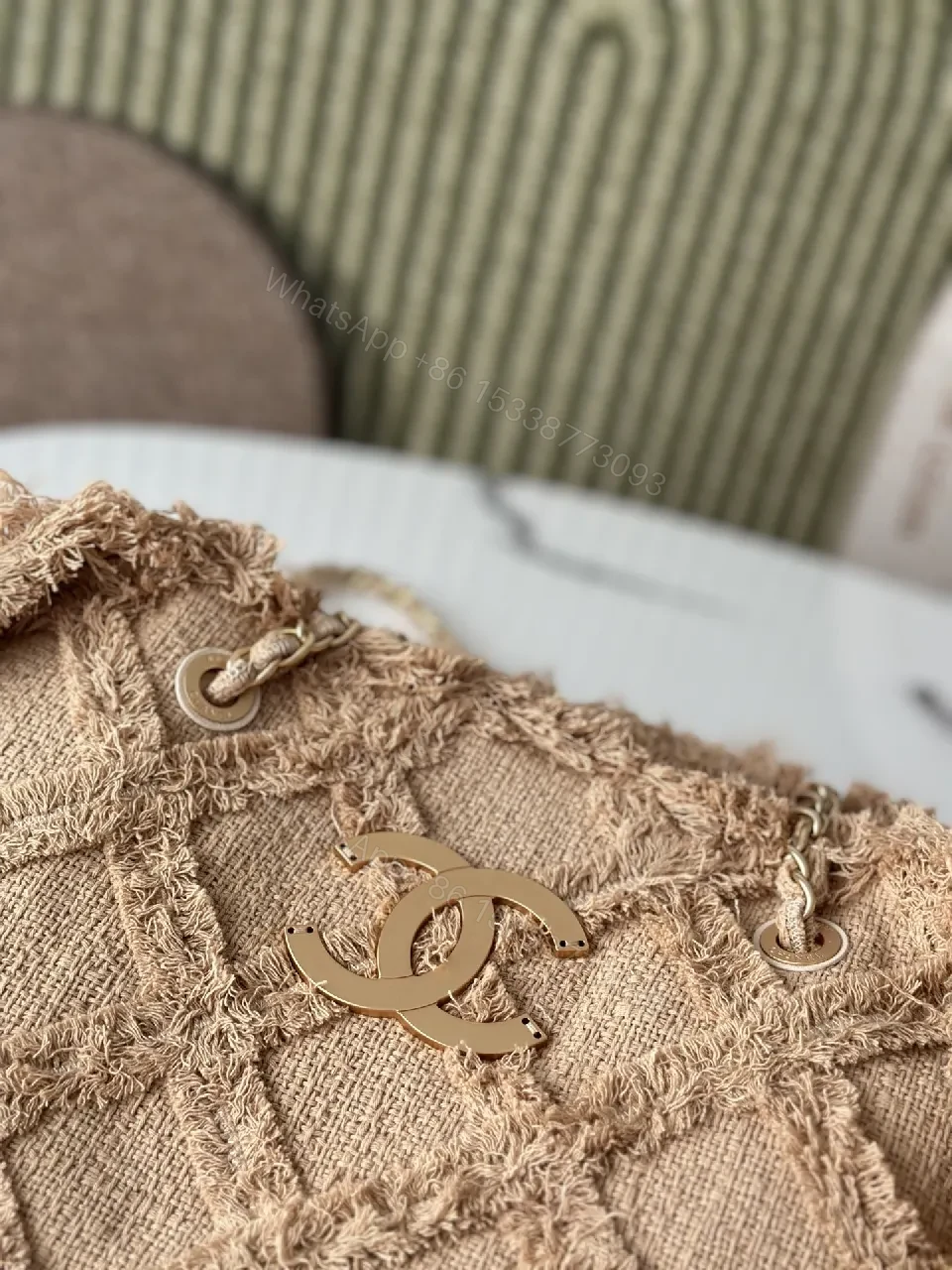 View 7 of Textured Beige Quilted Linen Mini Bag: Distressed Edge Luxury