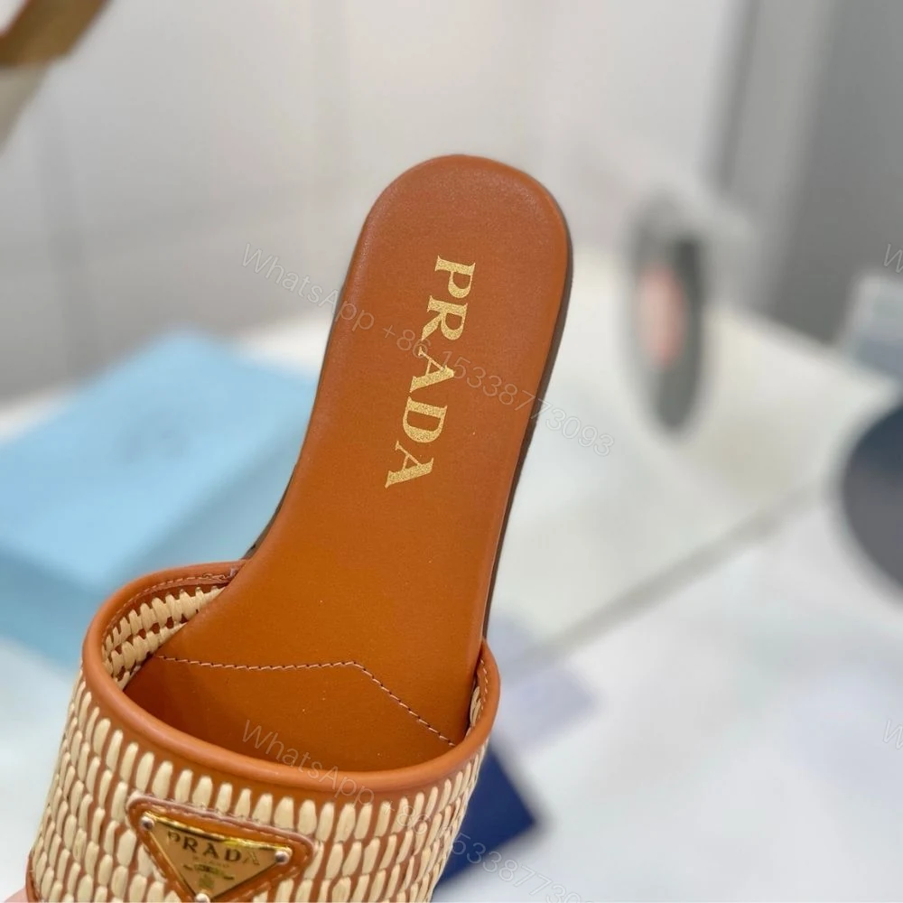 View 9 of Prada Leather Slides With Crochet Details Cognac Brown