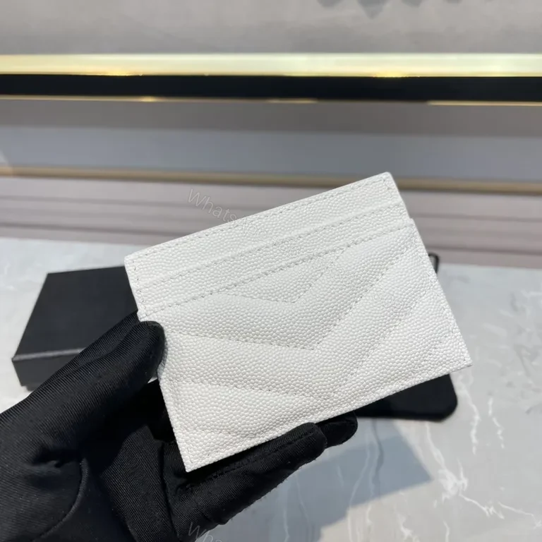 View 7 of White Textured Leather Cardholder with Gold YSL Emblem