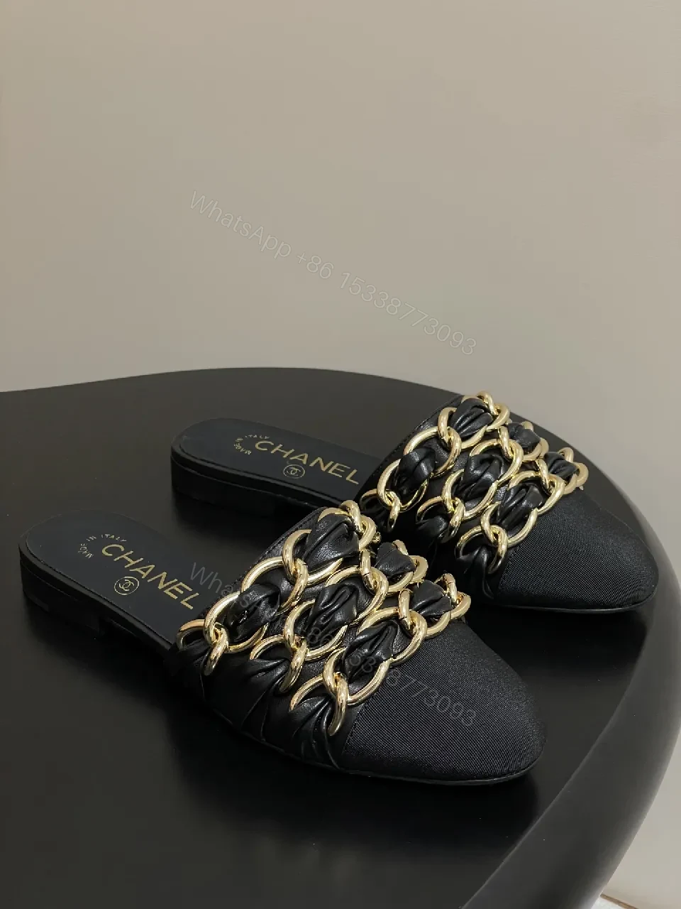 Black Satin Mules with Gold Chain Detail - Opulent Everyday Style — view 1