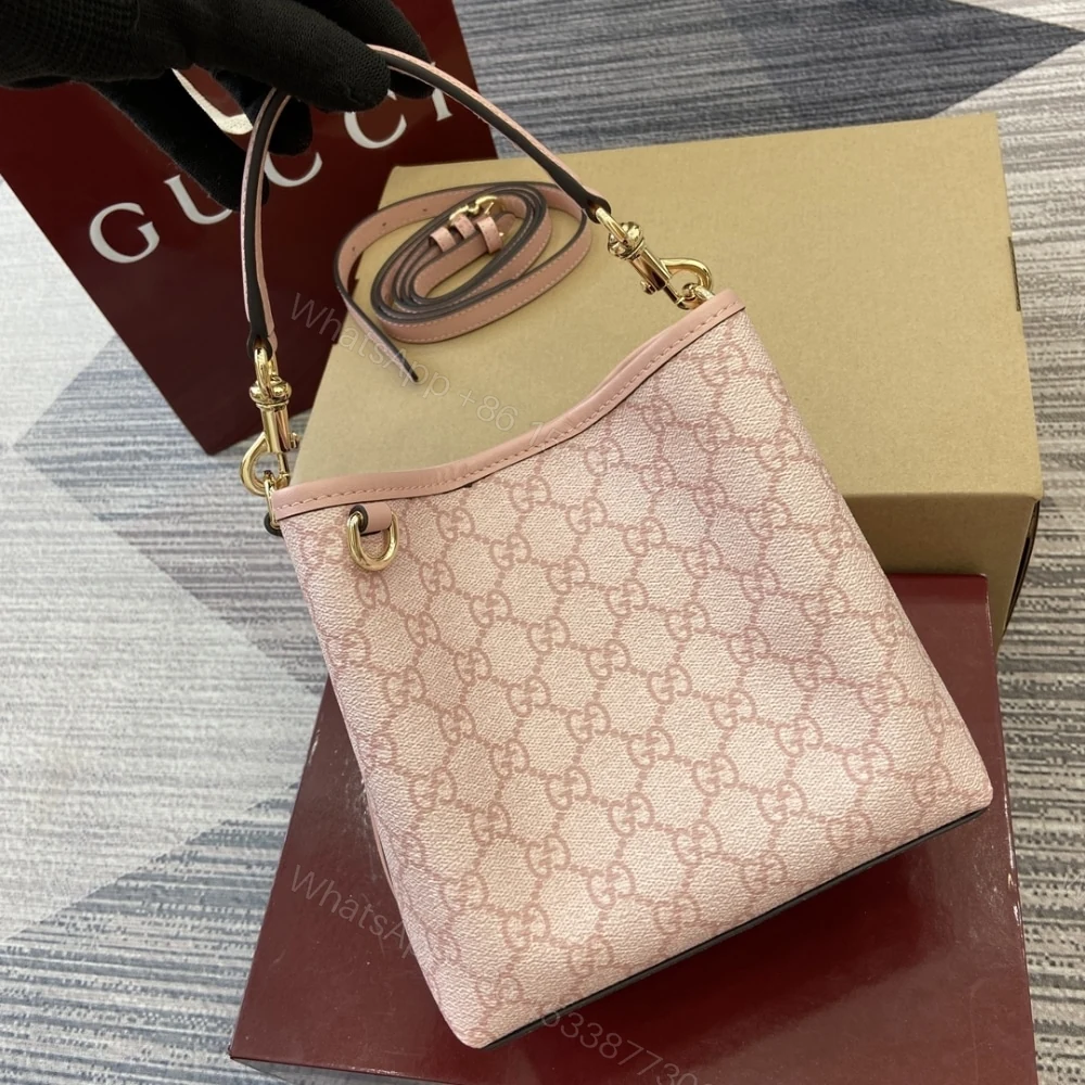 View 6 of GUCCI GG EMBLEM SMALL BUCKET BAG LIGHT PINK COATED FABRIC 21CM 815118 FAD6L 8459