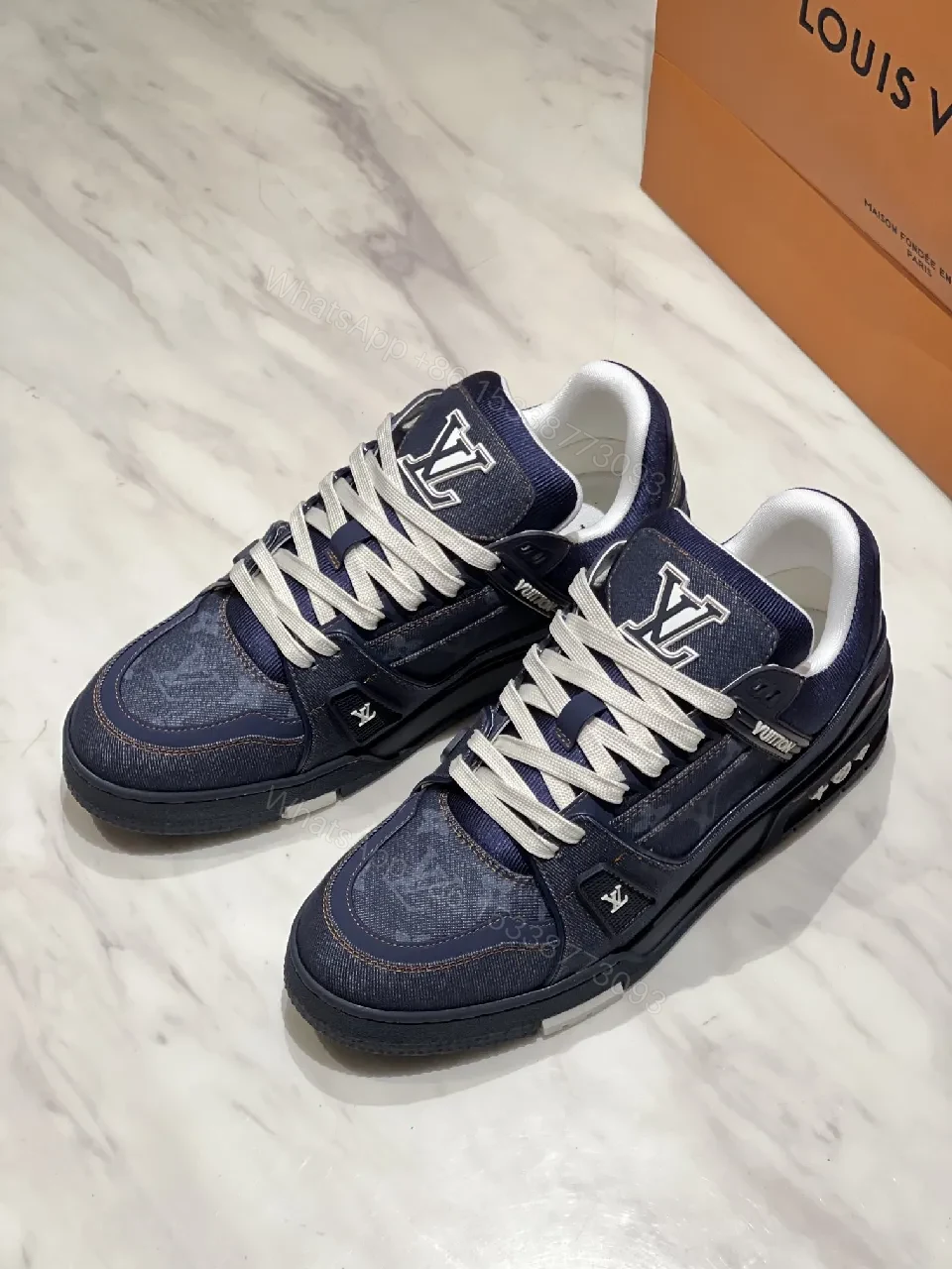 View 2 of Dark Denim-Effect Luxe High-Tops with Signature Hardware