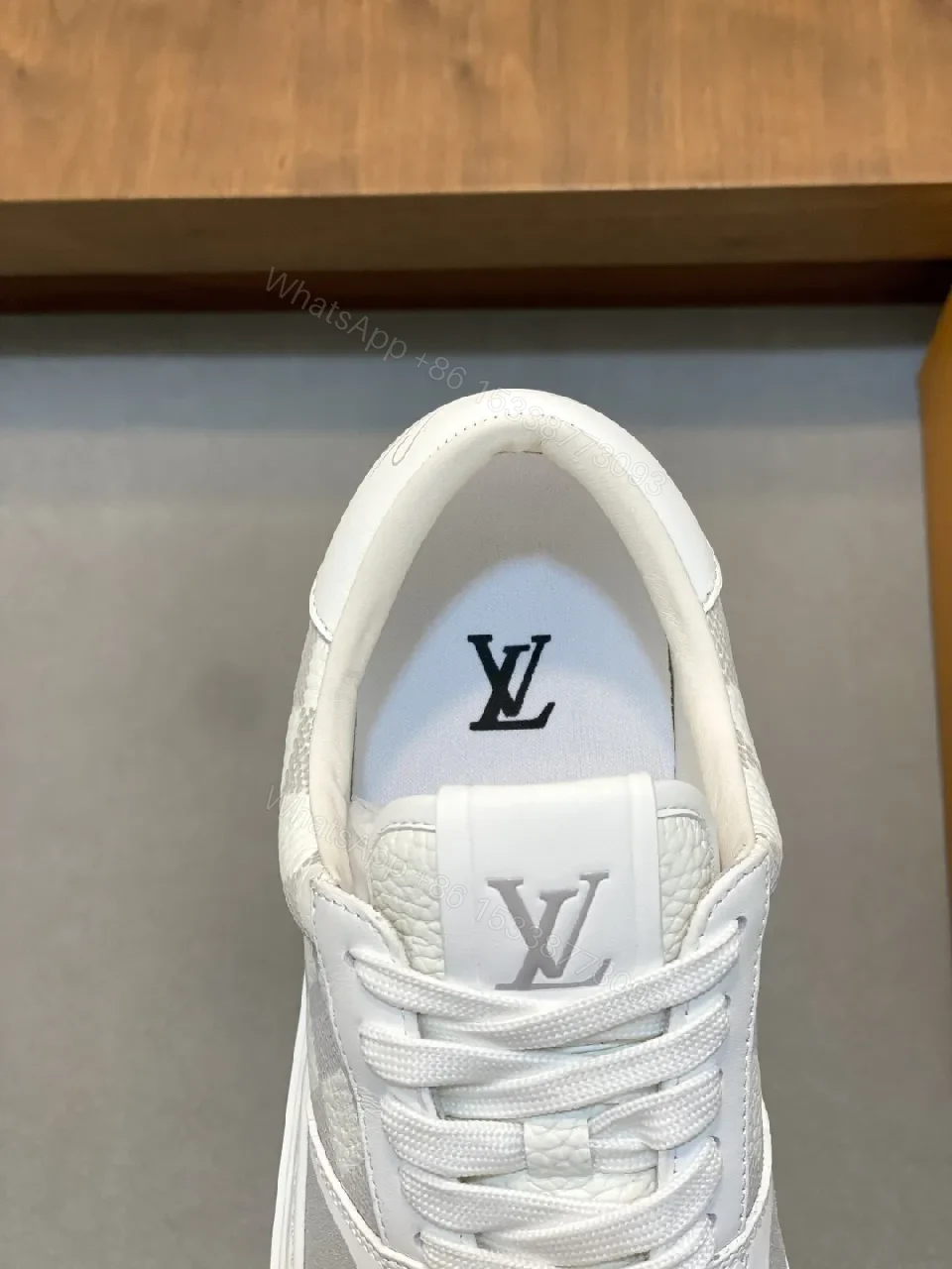 View 6 of White Checkerboard Leather High-Tops with Subtle LV-Style Accents
