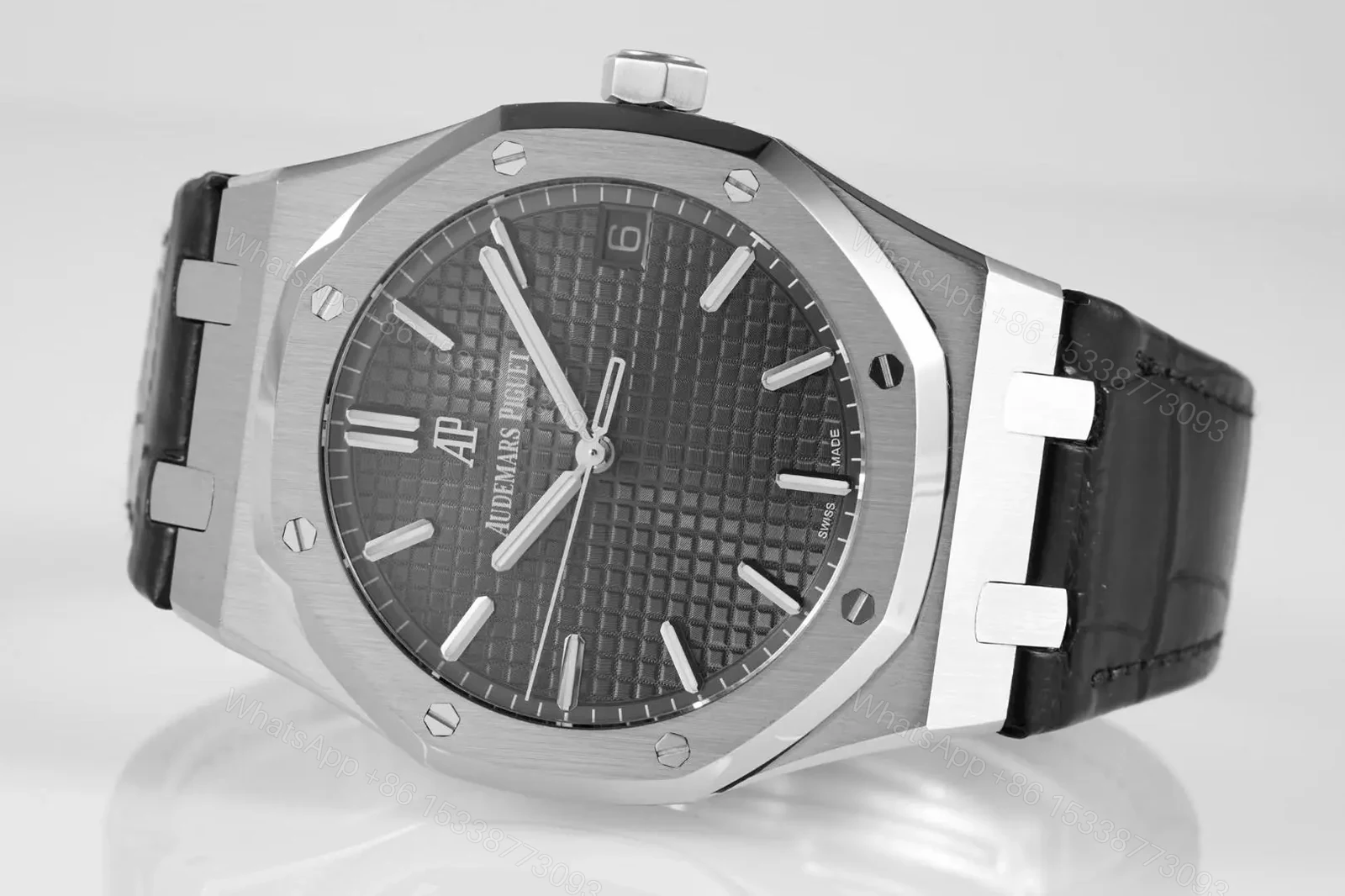 View 4 of V9 Factory Audemars Piguet Royal Oak 15500 Stainless Steel Watch with Black Dial and Leather Strap