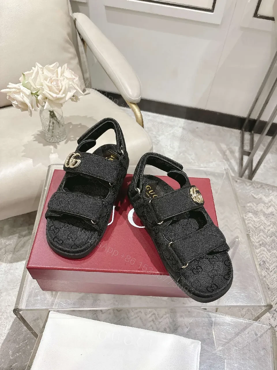 Black Textile Sandals with Gold Hardware, Contempo Comfort — view 1