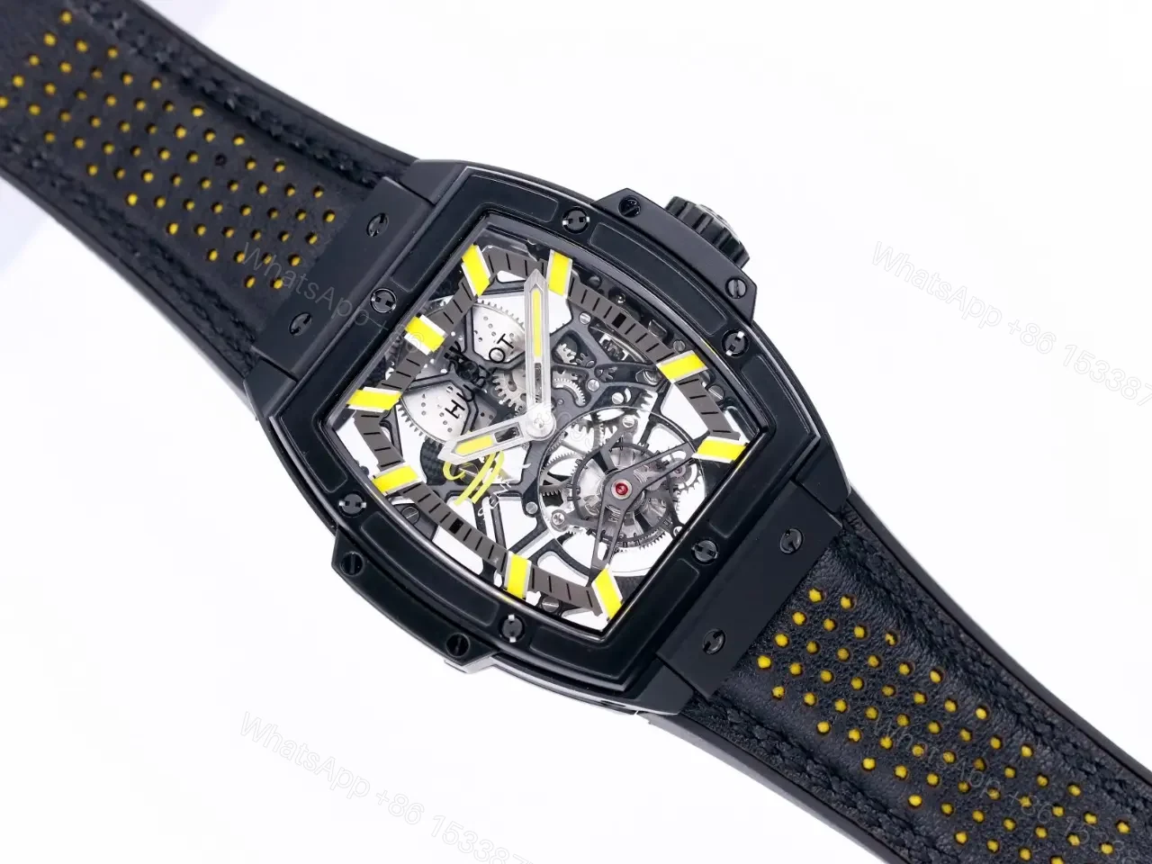 View 3 of Hublot Masterpiece 906 Black and Yellow Skeleton Tourbillon Watch with 18K Rose Gold/Platinum Plated Case and Leather/Rubber Strap