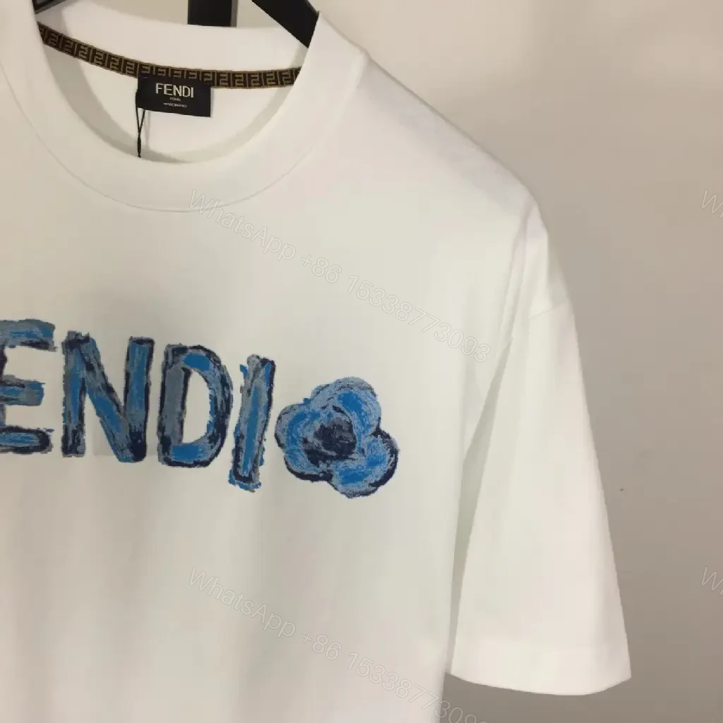 View 6 of White/Blue Textured FENDI Logo Crewneck T-Shirt