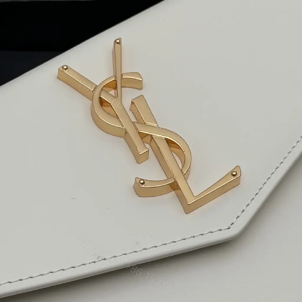 View 7 of Ivory Leather Envelope Clutch with Gold-Tone Hardware, Minimalist Chic