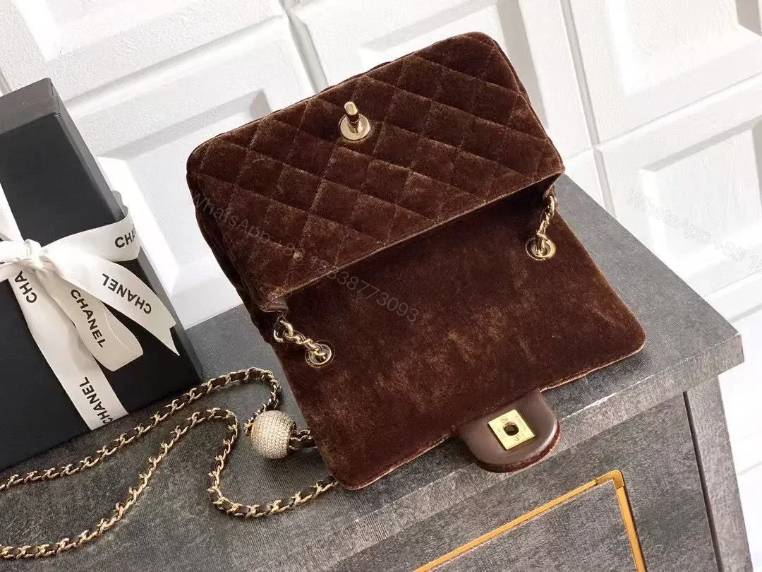 View 5 of Velvet Flap Bag with Gold Logo Chain, Compact Luxury