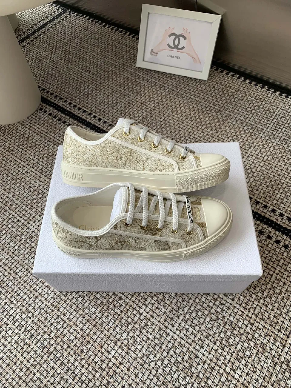 View 3 of Cream Canvas Low-Top Sneakers with Monogram Texture