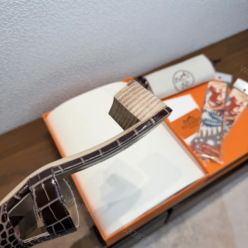 View 9 of Brown Croc-Embossed Leather Slip-Ons with Signature Footbed, Hermes Style