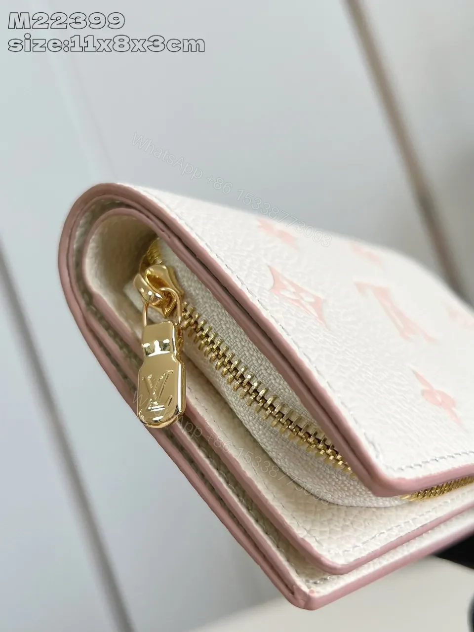 View 4 of Soft Pink Textured Leather Wallet - Compact Luxe Style with Monogram