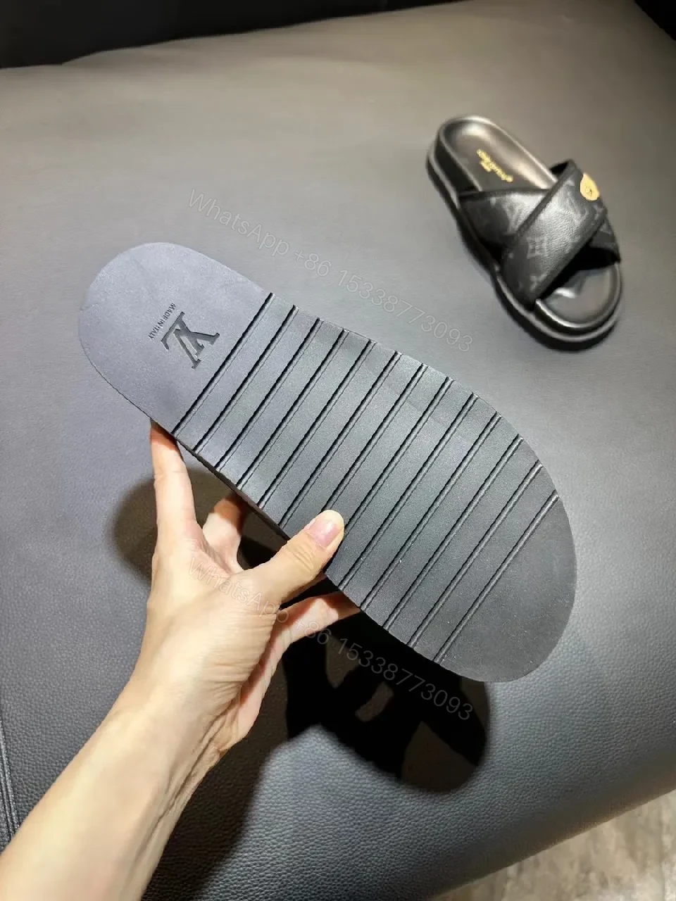 View 2 of Black Monogram-Texture Cross-Over Slides: All-Day Comfort