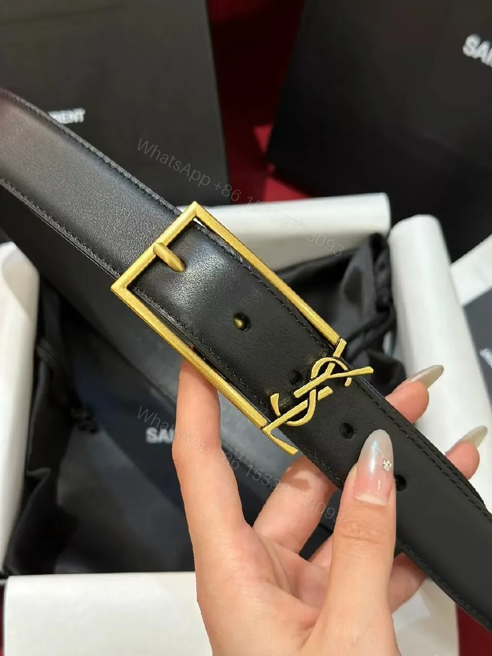 Sleek Black Leather Belt with Gold Buckle Detail — view 3