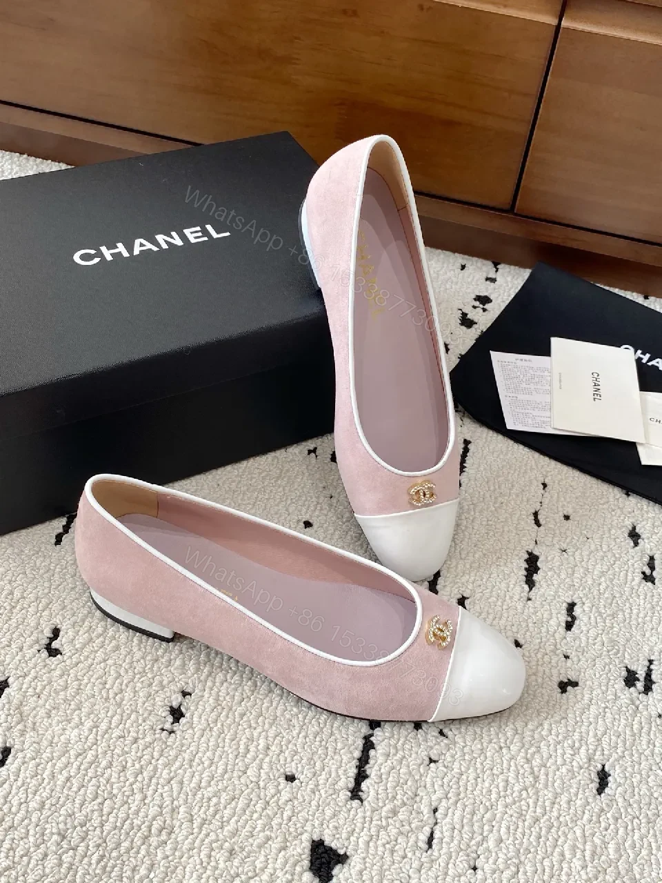 View 3 of Soft Pink Two-Tone Ballet Flats with Gold Logo (No Brand)