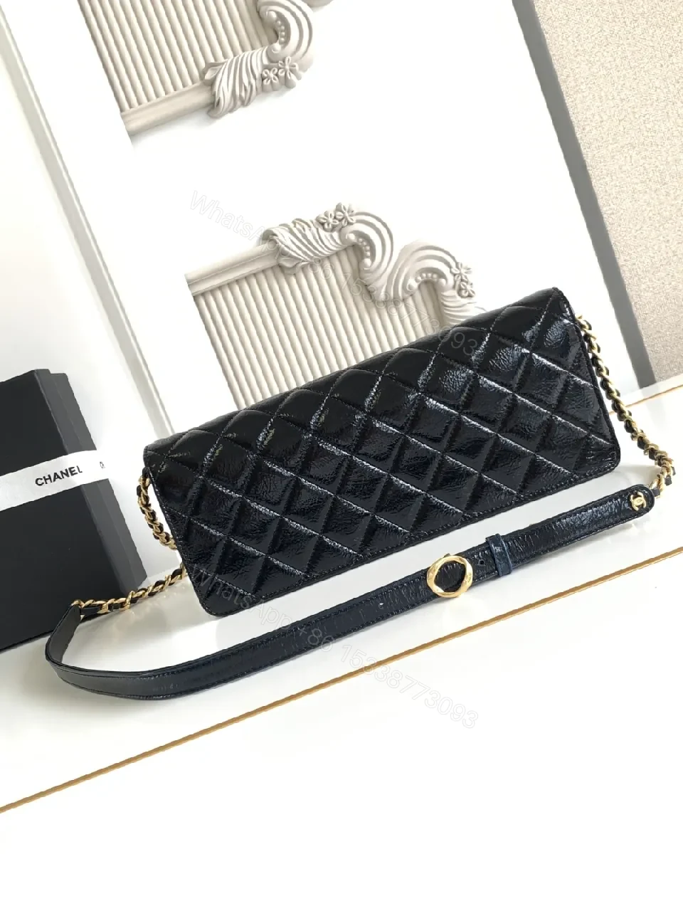 View 6 of Quilted Black Bag with Gold Hardware, Compact Shoulder Style
